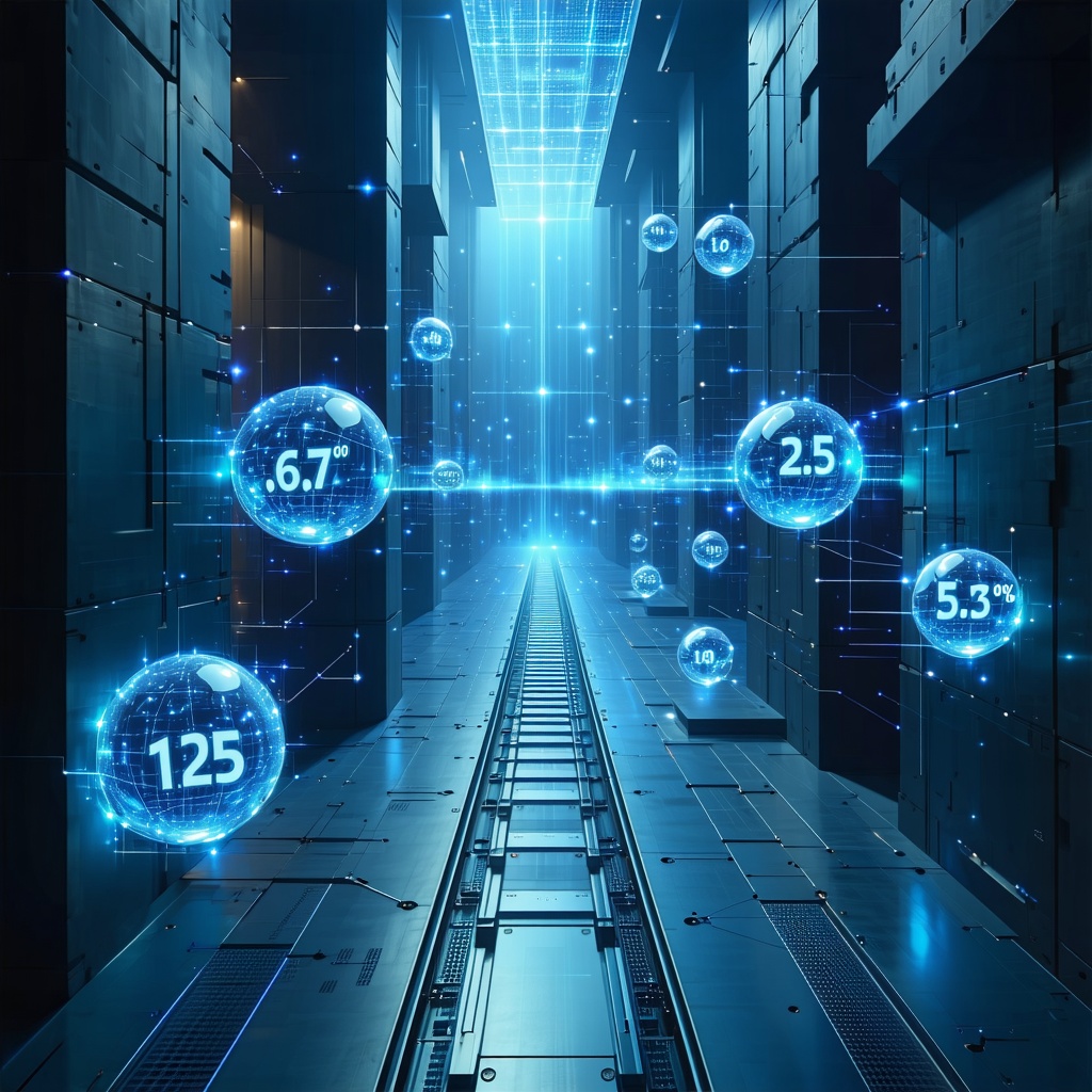 미래형 데이터 센터 복도에 다양한 수치가 표시된 홀로그래픽 구체들이 떠 있는 분석 시각화 이미지