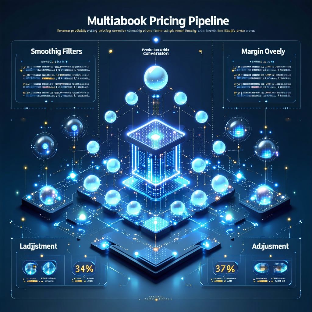 여러 데이터 노드와 확률 모델이 층층이 연결된 ‘프라이싱 파이프라인’ 구조의 정보형 일러스트