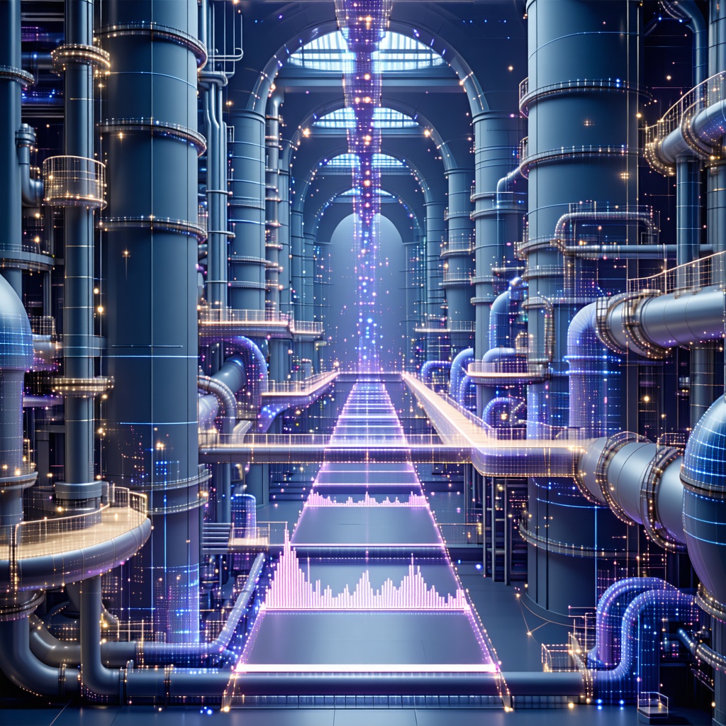 거대한 파이프 구조 안에서 빛의 입자와 그래프가 흐르는 데이터 처리 파이프라인 이미지