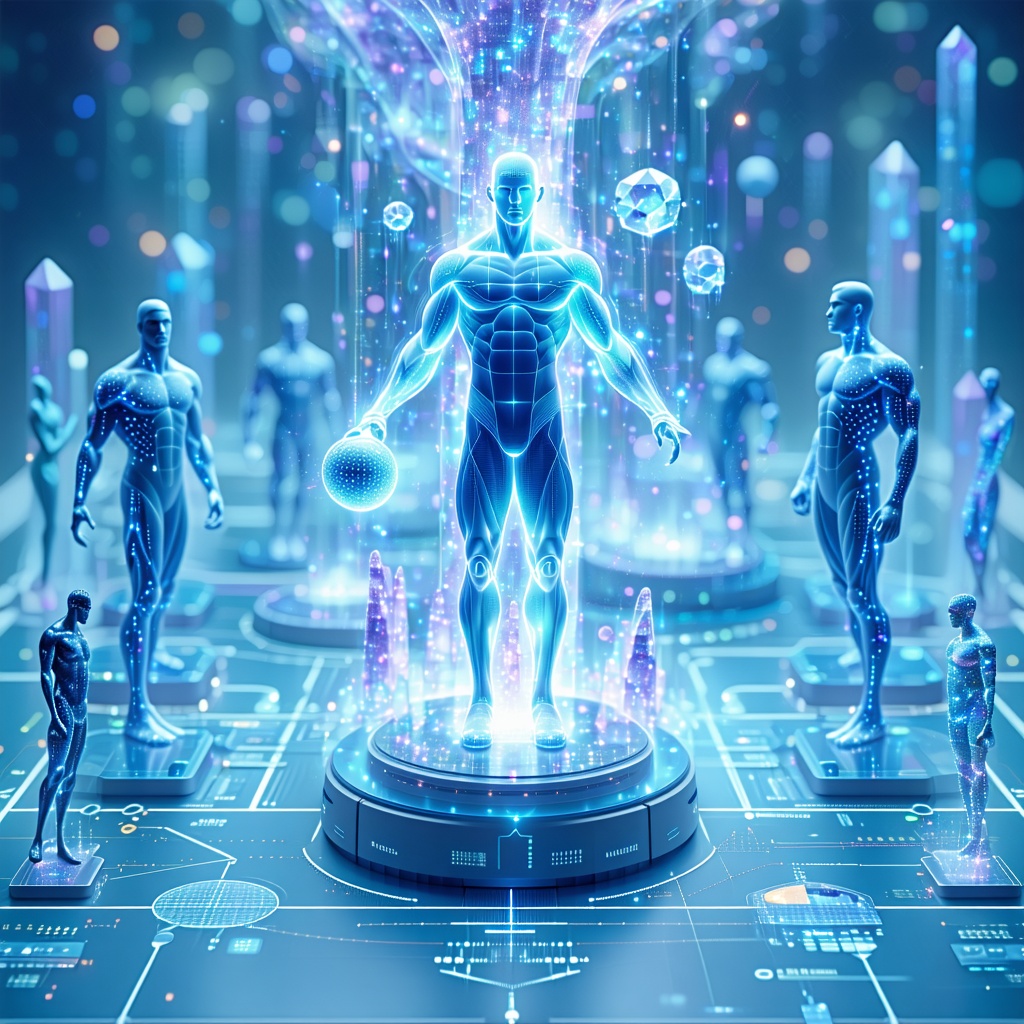 광학 입자로 구성된 인체 모델들이 AI 분석 공간에서 떠 있는 미래형 바이오 데이터 일러스트