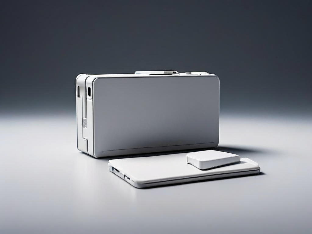 Memory card, external drive, and photo sleeve on a gray studio surface with soft side light and clean shadows.